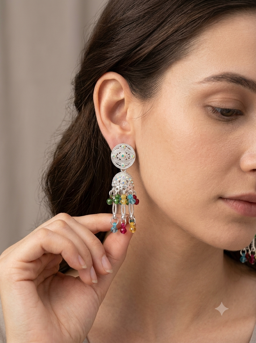 Multicolor Oxidised Silver Jhumka Earrings with Hanging Beads” ✨